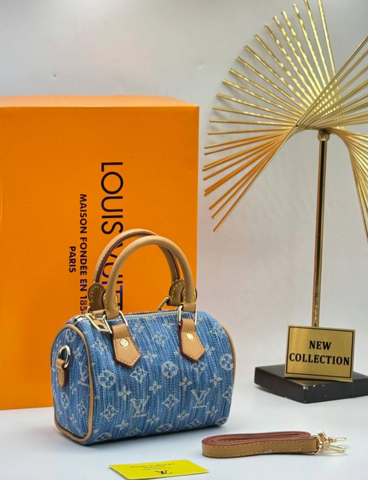 Louis Vuitton Speedy mini Bandoulière 20 – Blue Denim Monogram με Vachetta Leather -LV 49