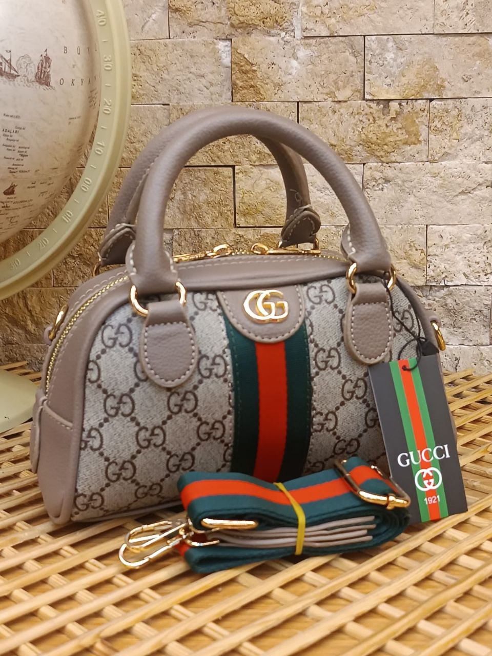 Gucci Ophidia Mini Boston Bag – Beige/Gray GG Supreme  -GC 25