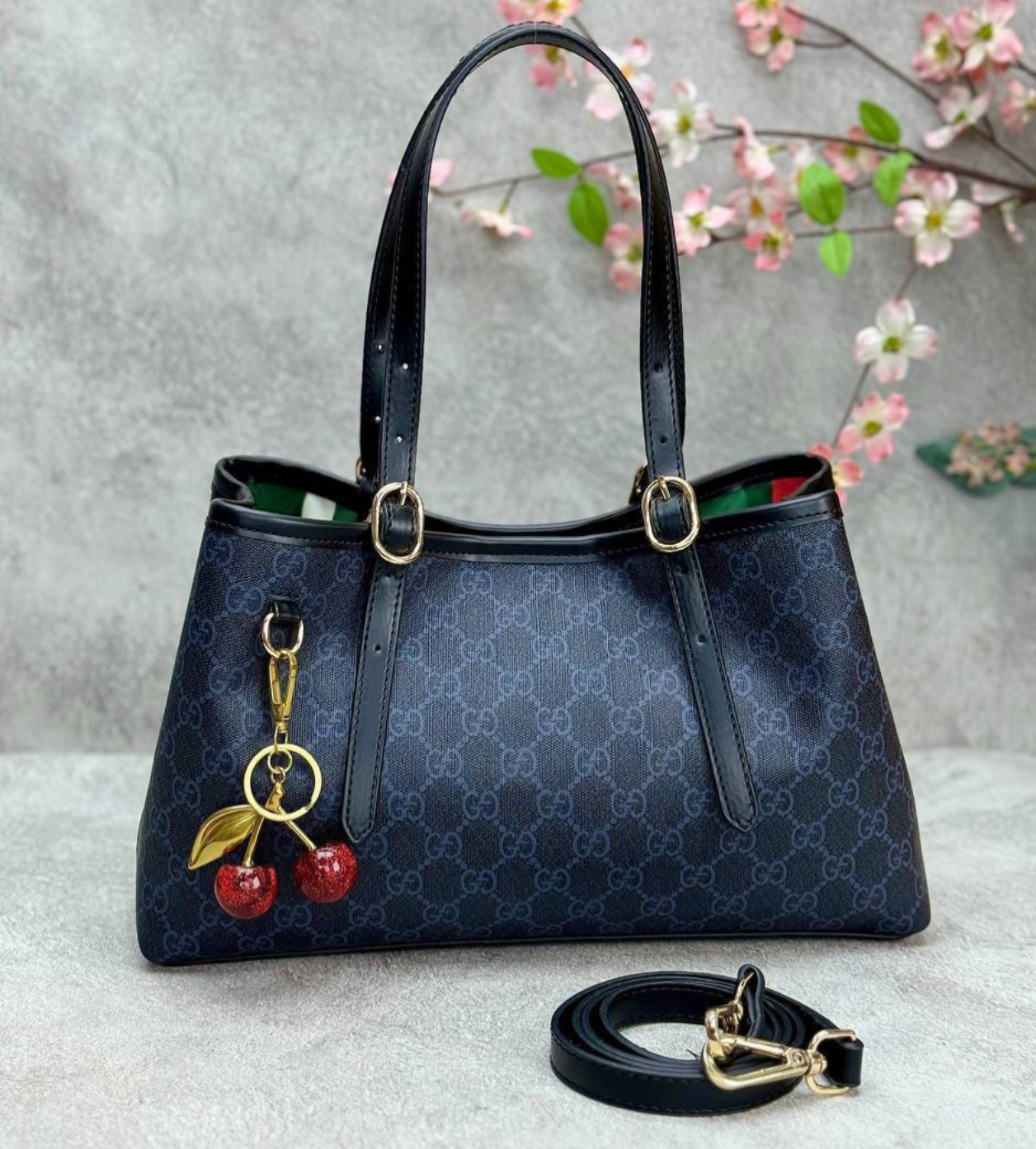 Gucci Ophidia Small Tote – Black-Blue GG Supreme με Cherry Charm & Crossbody Strap -GC 11
