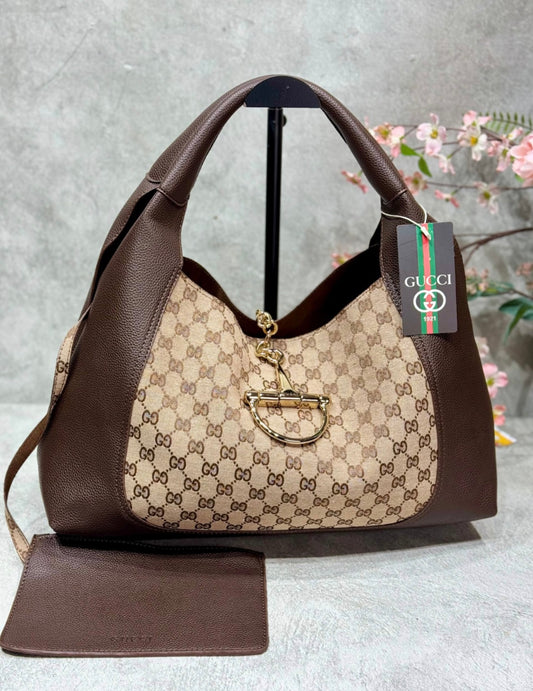 Gucci GG Canvas Hobo Τσάντα με Δερμάτινες Λεπτομέρειες & Horsebit Charm - Gc 106